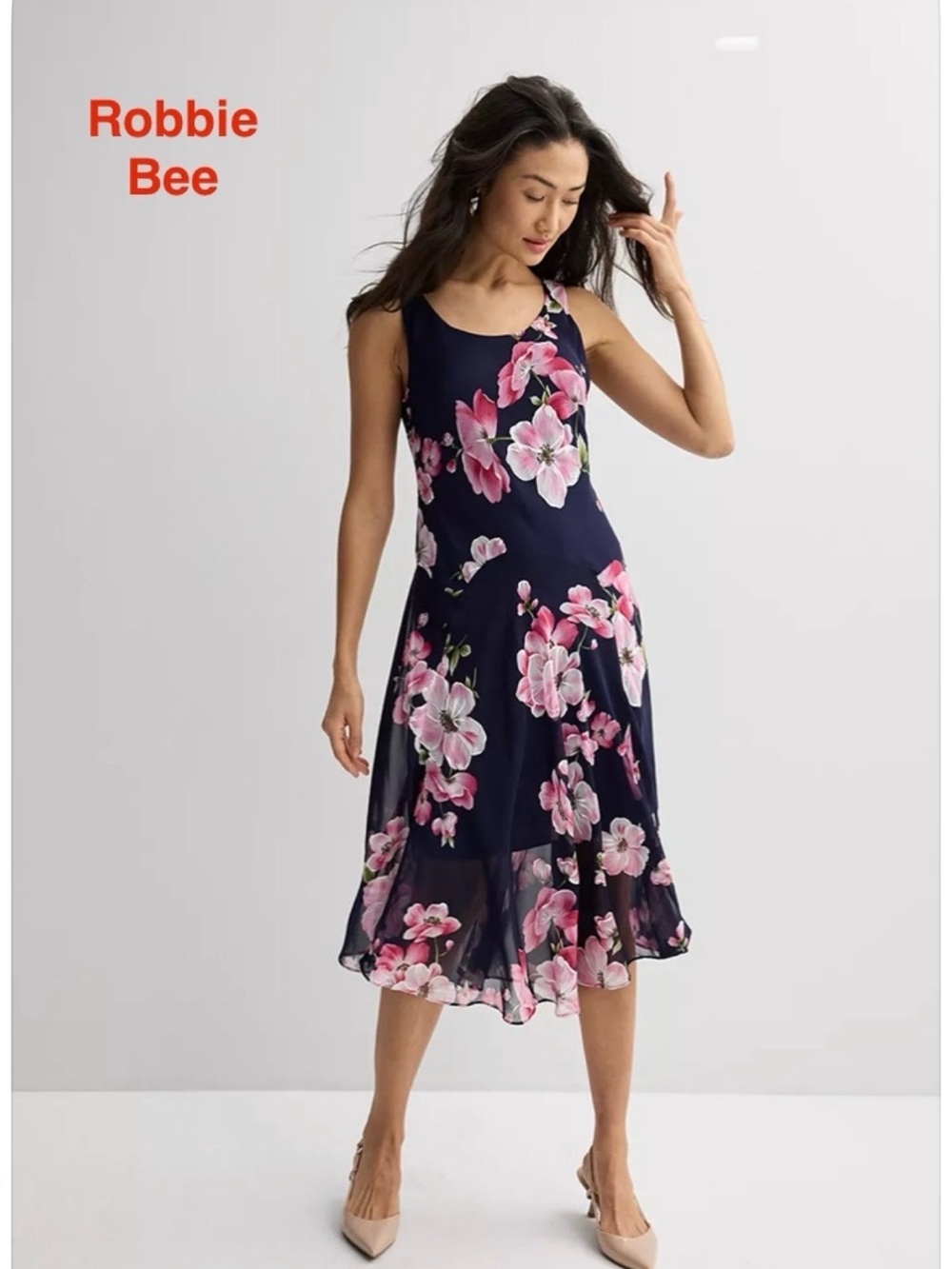Robbie Bee Navy & Pink Floral Sleeveless Midi Dress